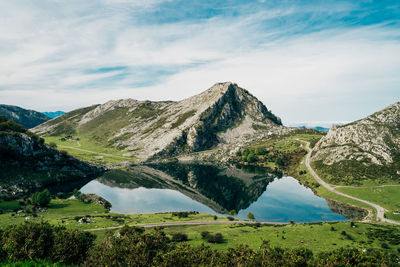 Scenic view of lake and mountains against sky