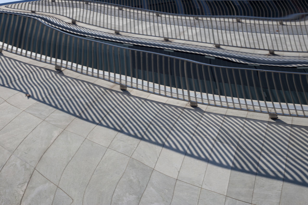 HIGH ANGLE VIEW OF STAIRCASE ON FOOTPATH IN CITY