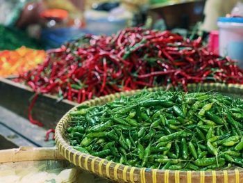 High angle view of chili peppers for sale at market stall