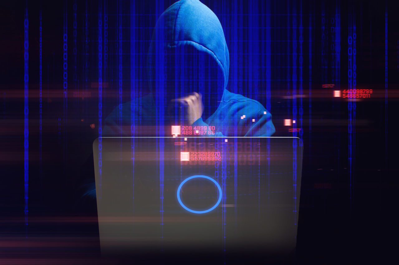 DIGITAL COMPOSITE IMAGE OF MAN USING MOBILE PHONE ON STAGE