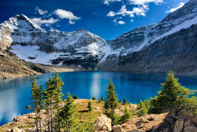 Scenic view of lake and snowcapped mountains against sky