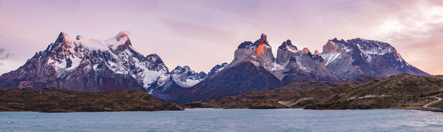 Panorama with morning light at torres del paine national park in the south of patagonia, chile