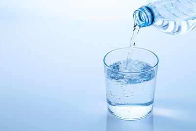 Close-up of water in glass against blue background