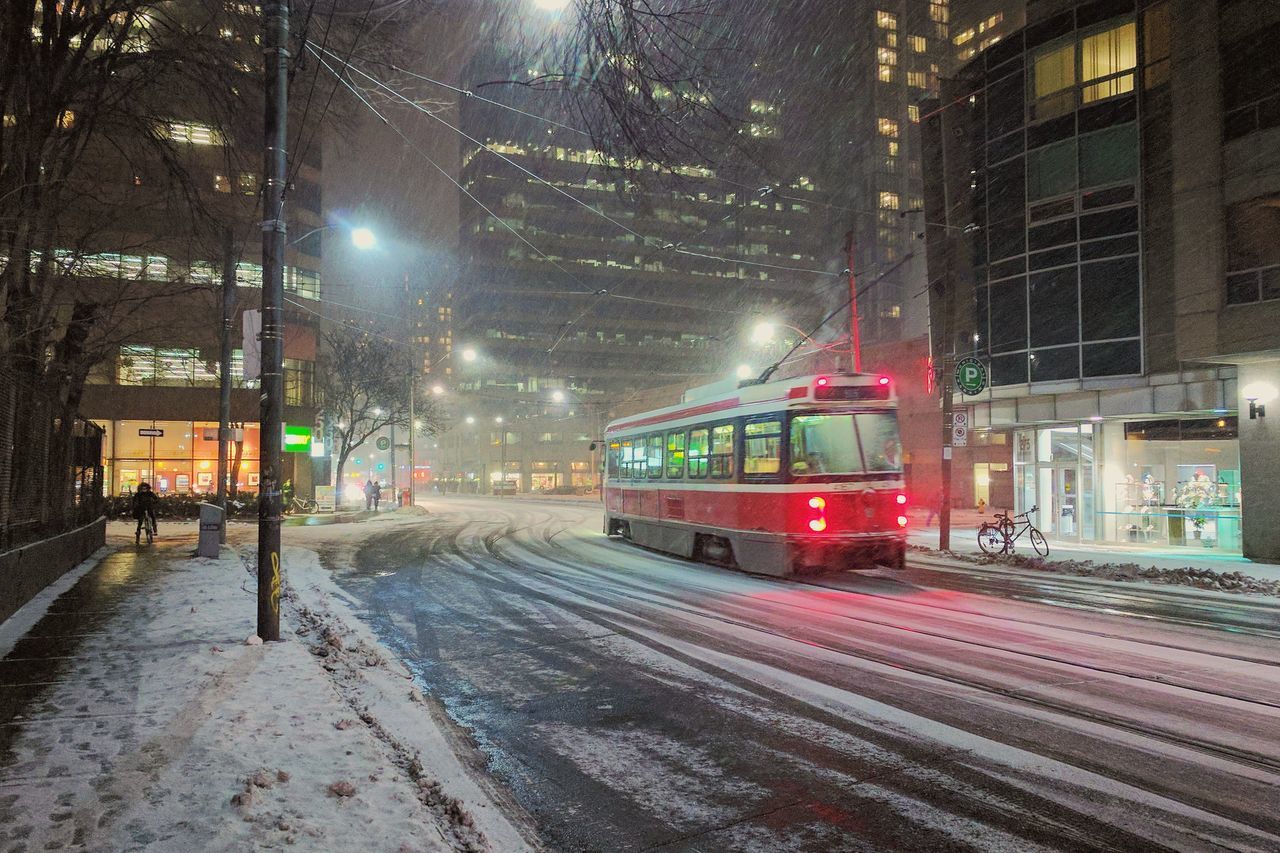 night, illuminated, transportation, outdoors, no people, tree, city, sky, architecture, snowing