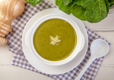 High angle view of soup in bowl on table