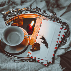 High angle view of tea cup on table