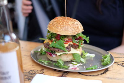 High angle view of burger on table