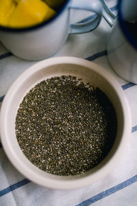 High angle view of coffee in bowl on table