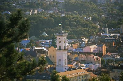 High angle view of buildings in town