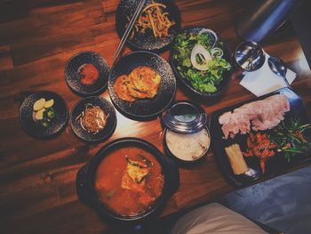 High angle view of meal served on table