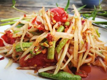 Close-up of pasta served in plate