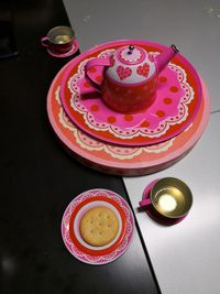 High angle view of coffee cup on table