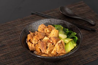 High angle view of food in bowl on table