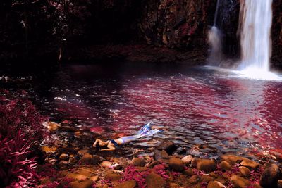 Rear view of man standing in lake