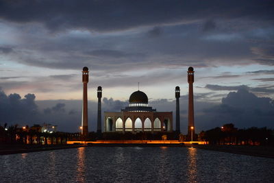 Silhouette of mosque and river against sky