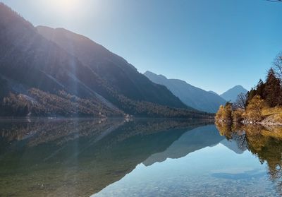 Scenic view of lake and mountains against clear sky