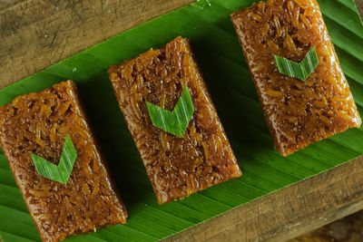 High angle view of food on leaves
