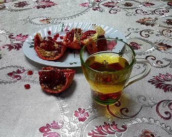 High angle view of drink served on table