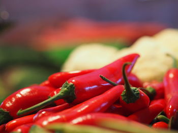 Close-up of red chili peppers for sale in market