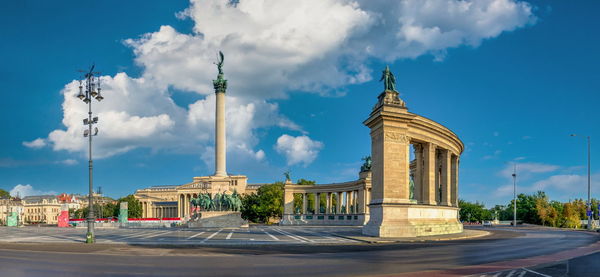 Heroes square and monument to the millennium of hungary in budapest on a sunny summer morning