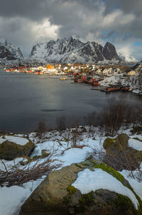 Scenic view of snowcapped mountains against sky during winter