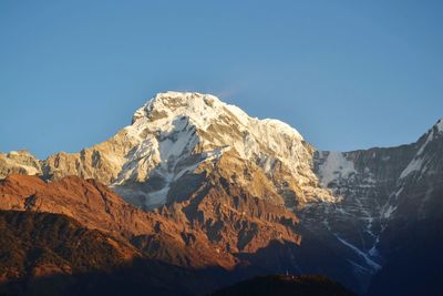 Scenic view of snowcapped mountains against clear sky