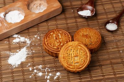 High angle view of cookies on table