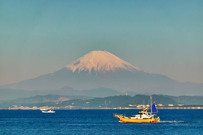 Scenic view of sea and snowcapped against clear sky