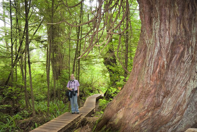 Full length of woman standing on boardwalk in forest