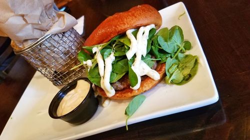 High angle view of food in plate on table