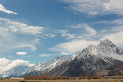 Scenic view of snowcapped mountains against sky