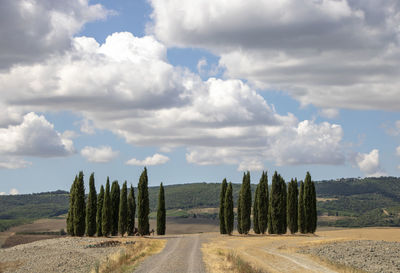 Panoramic shot of road amidst field against sky