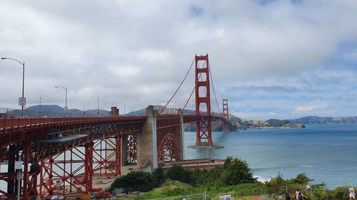 View of suspension bridge against cloudy sky