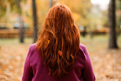 Back view faceless portrait of red-haired girl with fall leaves in hair. autumn portrait of happy