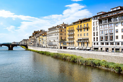 Bridge over river by buildings against sky in city