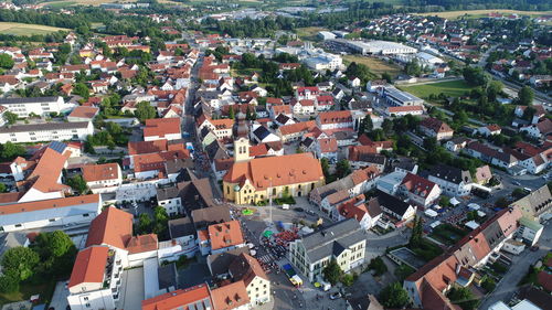 High angle view of houses in town