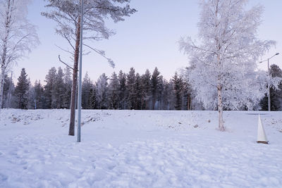 Trees on snow covered landscape against sky