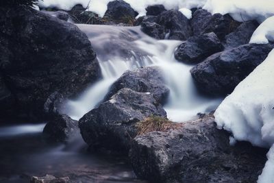 Long exposure of waterfall on rocks during winter