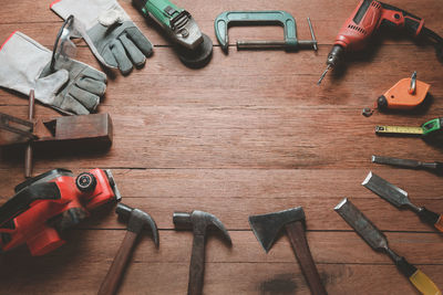 High angle view of tools on table