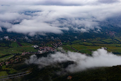 High angle view of land against sky