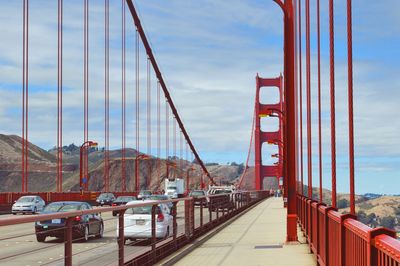 View of suspension bridge against cloudy sky