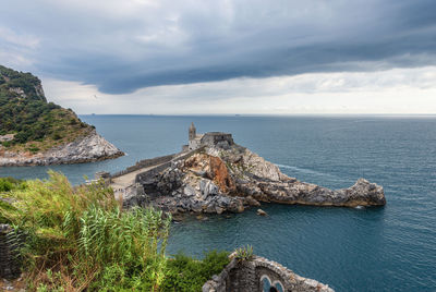 Medieval church of saint peter and palmaria island in porto venere, liguria, italy, europe. 