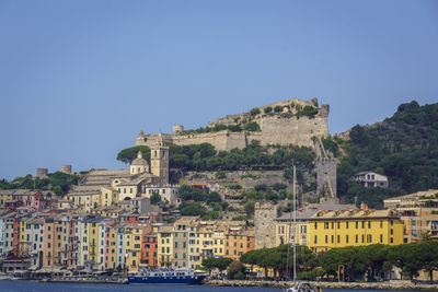 Buildings in city against clear blue sky