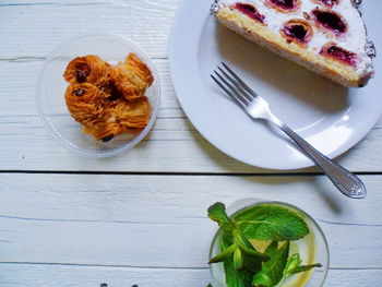 High angle view of cake in plate on table