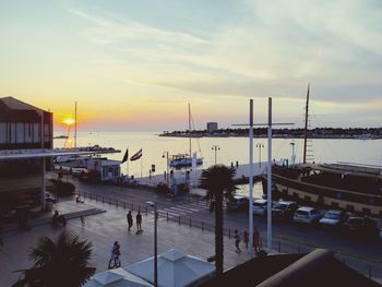 High angle view of harbor at sunset