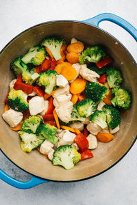 Chicken cubes and mixed veggies in a dutch oven