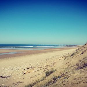 Scenic view of beach against clear blue sky