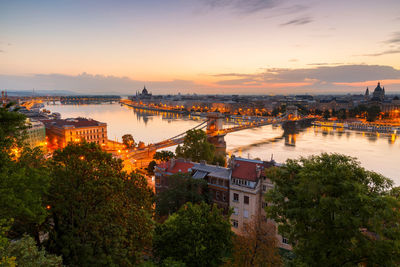 View of the chain bridge, parliament and st. stephen's basilica.