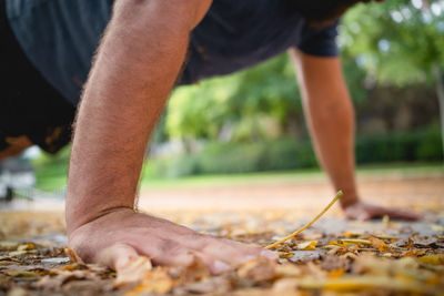 Low section of man holding leaves on land