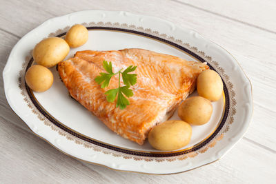 High angle view of food in plate on table